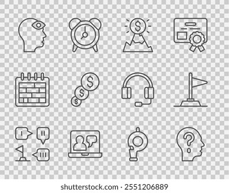 Definir a estratégia de planejamento da linha, Cabeça com ponto de interrogação, Bandeira das montanhas, Educação on-line, Terceiro olho do homem, Crescimento financeiro e dólar, Apito e ícone da bandeira. Vetor