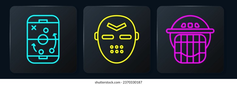 Set line Planning strategy, Hockey helmet and Hockey mask. Black square button. Vector