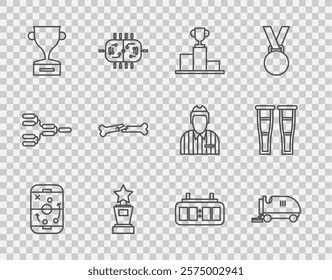 Set line Planning strategy, Ice resurfacer, Hockey over sports winner podium, Award cup, Human broken bone, mechanical scoreboard and Crutch crutches icon. Vector