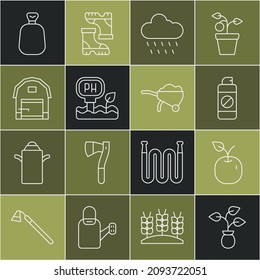 Set line Plant, Apple, Garden sprayer for fertilizer, Cloud with rain, Soil ph testing, Farm house, Full sack and Wheelbarrow dirt icon. Vector