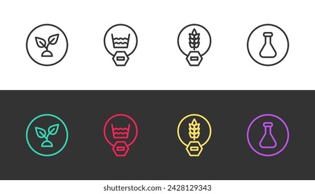Set line Plant based, Delicate wash, Gluten free grain and Test tube and flask on black and white. Vector