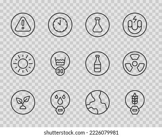 Set line Plant based, Gluten free grain, Test tube and flask, Water drop forbidden, Exclamation mark triangle, Temperature wash, Worldwide and Radioactive icon. Vector