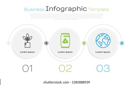 Set line Plant in bottle, Can with recycle symbol and can and Earth globe. Business infographic template. Vector