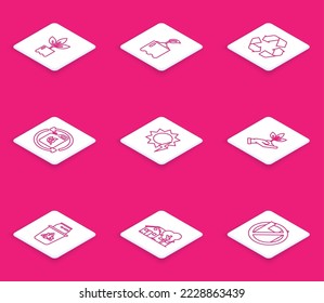 Set line Plant in bottle, Sprout, Recycle symbol, Bio fuel canister, Solar energy panel, hand of environmental protection, bin with recycle and Eco friendly house icon. Vector