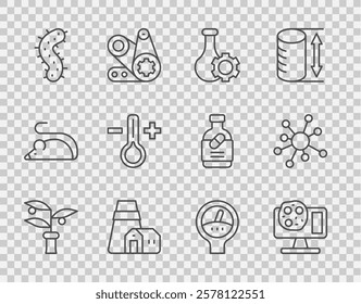 Set line Plant breeding, Genetic engineering, Test tube, Power station plant, Virus, Thermometer, Gauge scale and Molecule icon. Vector