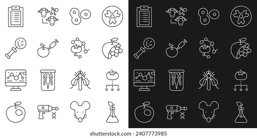 Set line Plant breeding, Genetically modified food, Biological structure, Cell division, apple, Microorganisms under magnifier, Clinical record and  icon. Vector