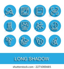 Set line Plant breeding, Graduation cap, Cloud with rain, Earth globe, Drop and magnifying glass, Genetic engineering, Atom and Molecule icon. Vector