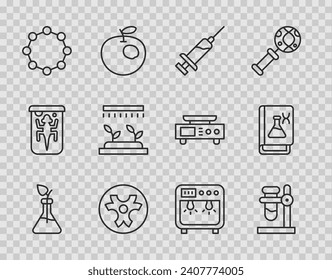 Set line Plant breeding, Test tube flask on stand, Syringe, Biohazard symbol, Chemical formula, Automatic irrigation sprinklers, Biosafety box and Genetic engineering book icon. Vector