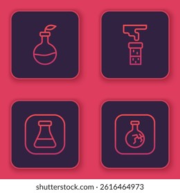 Set line Plant breeding, Test tube and flask,  and Cracked. Blue square button. Vector