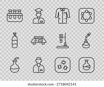 Planta de cría, tubo de ensayo y matraz, uniforme de laboratorio, asistente, escalas Electrónicas, bacterias e ícono. Vector