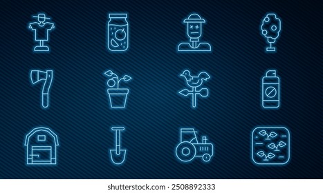 Set line Plant, Garden sprayer for fertilizer, Scarecrow, in pot, Wooden axe, Rooster weather vane and Jam jar icon. Vector