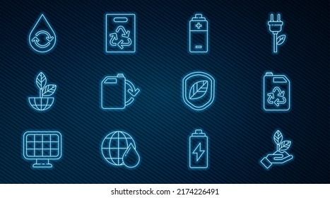 Set line Plant in hand, Eco fuel canister, Battery, Earth globe plant, Recycle clean aqua, Shield with leaf and Paper bag recycle icon. Vector