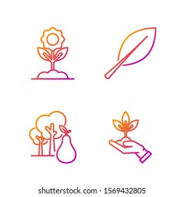 Set line Plant in hand of environmental protection, Tree with pears, Flower and Leaf. Gradient color icons. Vector