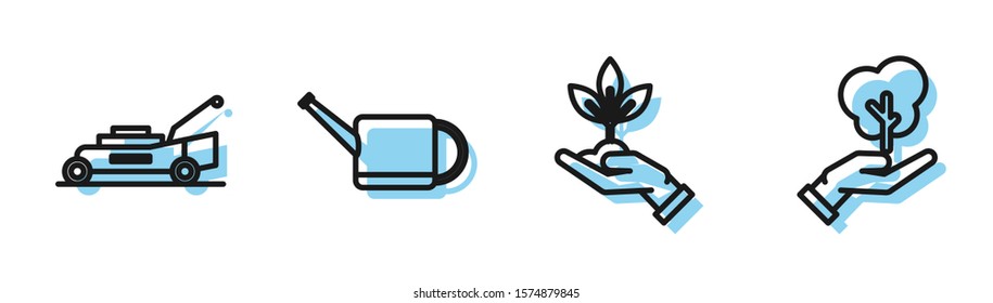 Set line Plant in hand of environmental protection, Lawn mower, Watering can and Tree in hand of environmental protection icon. Vector