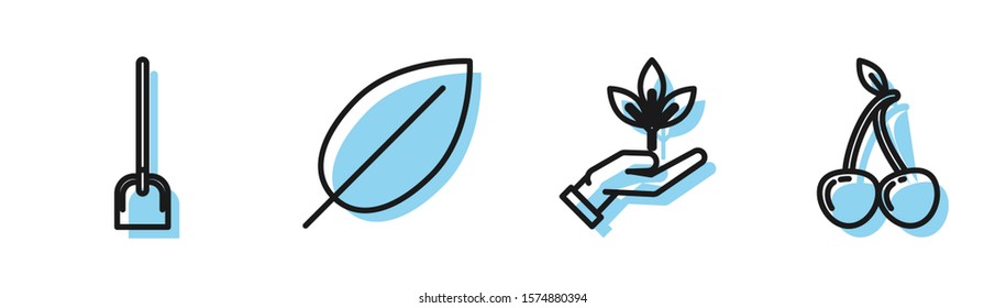 Set line Plant in hand of environmental protection, Shovel, Leaf and Cherry icon. Vector