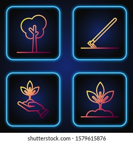 Set line Plant, Plant in hand of environmental protection, Tree and Garden rake in work. Gradient color icons. Vector