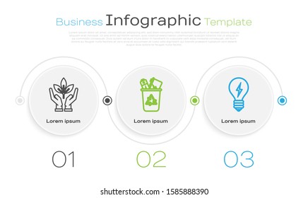 Set line Plant in hand of environmental protection, Recycle bin with recycle symbol and Light bulb with lightning symbol. Business infographic template. Vector