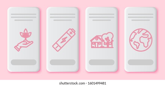 Set line Plant in hand of environmental protection, Battery, Eco friendly house and Earth globe. White rectangle button. Vector