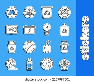 Set line Plant in hand of environmental protection, Recycle bin with recycle symbol can, Plastic bag, Car battery, Stop ocean plastic pollution,  and Light bulb lightning icon. Vector