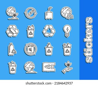 Set line Plant in hand of environmental protection, Recycle bin with recycle symbol, Light bulb lightning, Sprout bottle, Recycling plastic, Earth globe plant and  icon. Vector