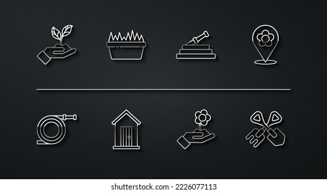 Set line Plant in hand of environmental, Garden hose or fire hose, Location with flower, Hand holding, Farm house, Fresh grass rectangular, Shovel rake and  icon. Vector