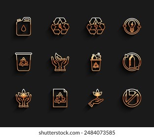 Set line Plant in hand of environmental protection, Paper with recycle, Canister for gasoline, Say no to plastic bags poster, Sprout, Recycling bottle and Recycle bin symbol icon. Vector