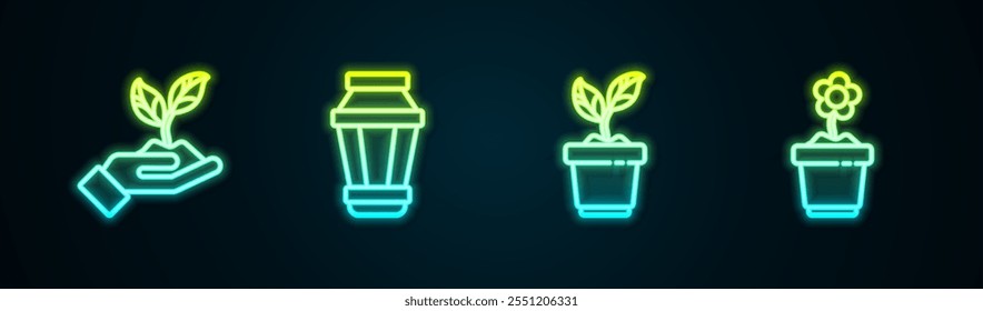 Set line Planta na mão de ambiental, lâmpada de luz de jardim, vaso e flor. Ícone de néon brilhante. Vetor