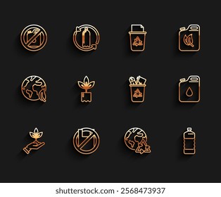 Set line Plant in hand of environmental protection, No canister for gasoline, Planet earth recycling, Plastic bottle, Canister and Recycle bin with recycle symbol icon. Vector