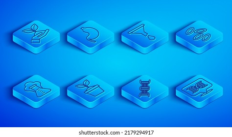 Set line Plant in hand, Human stomach, Funnel or filter, pot, DNA symbol, Hemoglobin, Chemical explosion and  icon. Vector