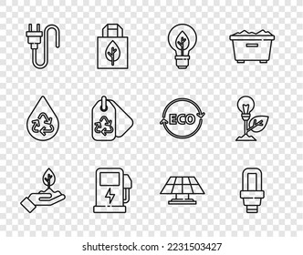 Set line Plant in hand, LED light bulb, Light with leaf, Electric car charging station, plug, Tag recycle, Solar energy panel and  icon. Vector