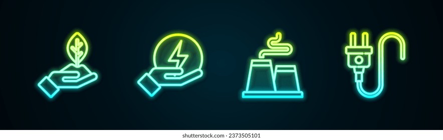 Ponga la línea Planta en la mano, Tornillo relámpago, Fábrica y enchufe eléctrico. Icono de neón brillante. Vector