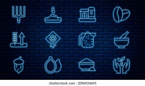 Set line Plant in hand, Mortar pestle, Farm house, Pack full of seeds of plant, Wheat, Garden pitchfork, Measuring cup and Seed icon. Vector