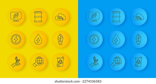Set line Plant in hand, Solar energy panel, Water, Recycle bin with recycle, Light bulb leaf, Location, CO2 emissions cloud and Barrel icon. Vector