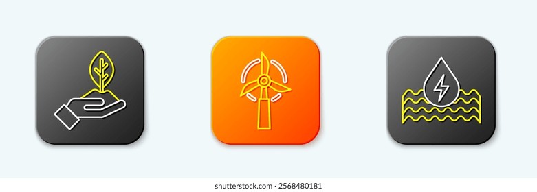 Set line Plant in hand, Wind turbine and Water energy icon. Vector