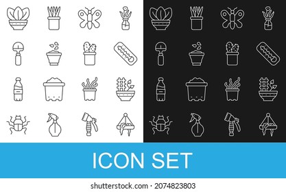 Set line Plant in hanging pot, Meteorology thermometer, Butterfly, Seeds bowl, Shovel,  and Cactus peyote icon. Vector