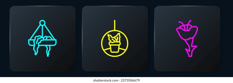 Set line Plant in hanging pot, Flower and . Black square button. Vector