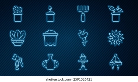 Set line Plant in hanging pot, Flower, Garden rake, Pot with soil, Cactus peyote,  and Sprout bottle icon. Vector