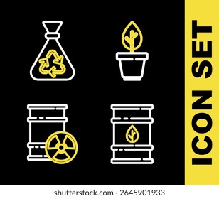 Set line Plant in pot, Bio fuel barrel, Radioactive waste and Garbage bag with recycle icon. Vector
