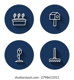 Set line Plant in pot, Bird house, Flower tulip and Garden rake with long shadow. Blue circle button. Vector