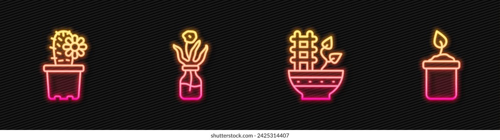 Set line Plant in pot, Cactus peyote, Flower glass bottle and Sprout. Glowing neon icon. Vector