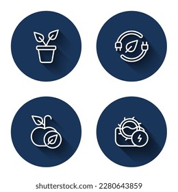 Set line Plant in pot, Electric saving plug leaf, Apple and Water mill with long shadow. Blue circle button. Vector