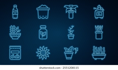 Set line Plant in pot, Exotic tropical plant, Fertilizer bottle, Bottle of water,  and Pot with soil icon. Vector