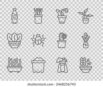 Set line Plant in pot, Flower, Pot with soil, Bottle of water, Beetle bug, on stand and glass bottle icon. Vector
