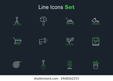 Set line Plant in pot, Flower, Shovel, Garden hose, Calendar with autumn leaves, Sprout,  and Wheelbarrow icon. Vector