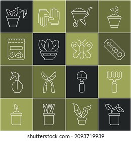 Set line Plant in pot, Garden rake, Meteorology thermometer, Wheelbarrow with dirt, Pack full of seeds of plant, Spraying and Butterfly icon. Vector