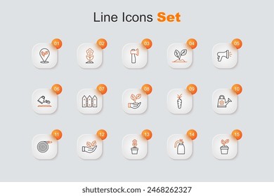 Set line Plant in pot, Garden sprayer for water, Flower, Leaf hand, hose, Watering can, Carrot and  icon. Vector