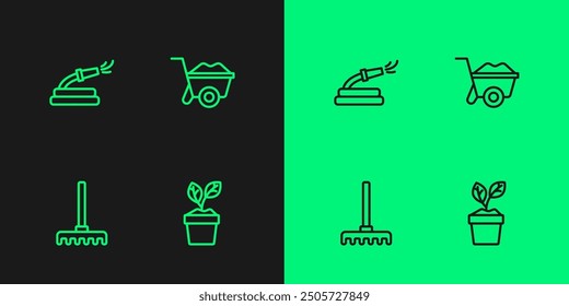 Set line Plant in pot, Garden rake, hose and Wheelbarrow icon. Vector