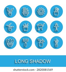 Set line Plant in pot, Garden rake, Flower glass bottle, Exotic tropical plant, on table and Wheelbarrow with dirt icon. Vector