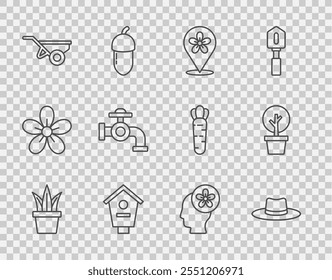 Set line Plant in pot, Gardener worker hat, Location with flower, Bird house, Wheelbarrow dirt, Water tap, Human head inside and Forest icon. Vector