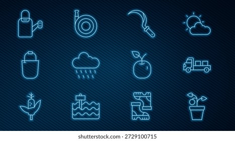 Set-Linie Pflanze in Topf, Pickup-Truck, Sichel, Wolke mit Regen, Eimer, Bewässerungsdose, Apfel-und Gartenschlauch-Symbol. Vektorgrafik